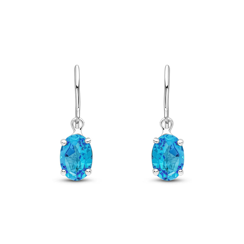 9ct White Gold Oval Natural Swiss Blue Topaz Claw Hook Wire Drop Earrings — 7x5mm