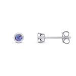 9ct White Gold Round Natural Tanzanite Rubover Stud Earrings — 3mm