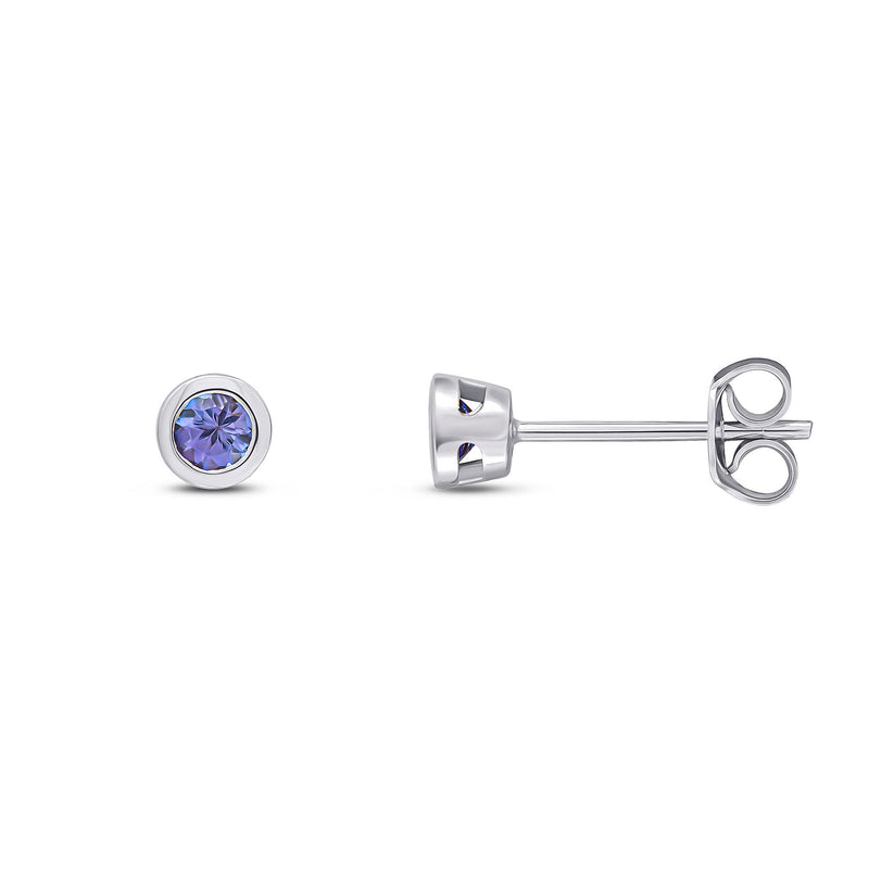 9ct White Gold Round Natural Tanzanite Rubover Stud Earrings — 3mm