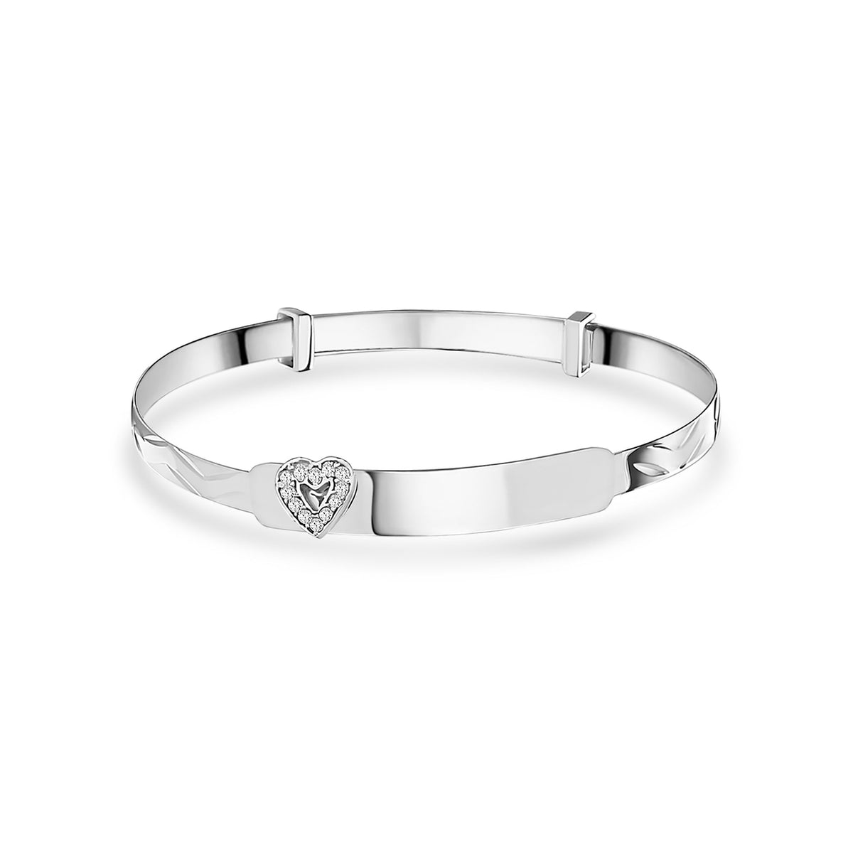 9ct White Gold Diamond-Cut Expandable Baby Child Bangle with Cubic Zirconia Heart