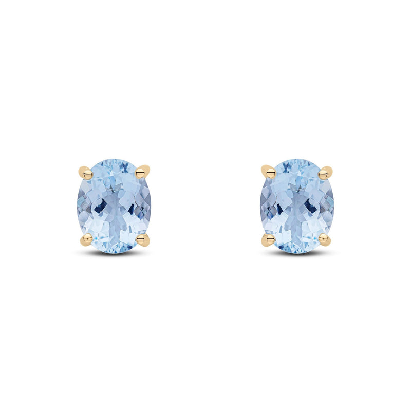 9ct Yellow Gold Oval Natural Aquamarine Claw Stud Earrings — 9x7mm