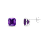 9ct White Gold Cushion Natural Amethyst Claw Stud Earrings — 8mm
