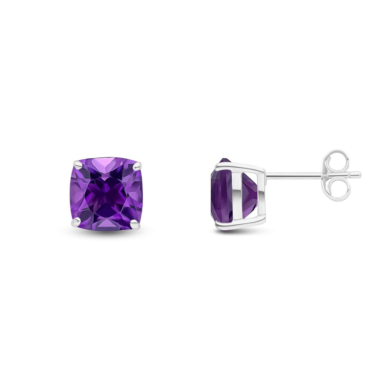 9ct White Gold Cushion Natural Amethyst Claw Stud Earrings — 8mm