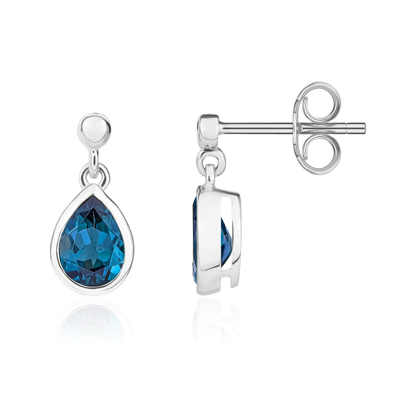 9ct White Gold Pear Shaped Natural London Blue Topaz Rubover Drop Earrings — 7x5mm