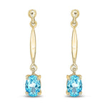9ct Yellow Gold Oval Natural Swiss Blue Topaz Claw Bar Drop Earrings — 7x5mm