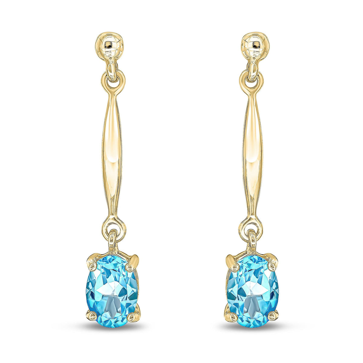 9ct Yellow Gold Oval Natural Swiss Blue Topaz Claw Bar Drop Earrings — 7x5mm