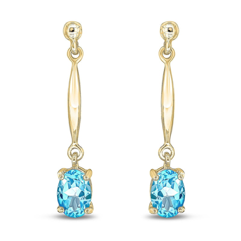 9ct Yellow Gold Oval Natural Swiss Blue Topaz Claw Bar Drop Earrings — 7x5mm