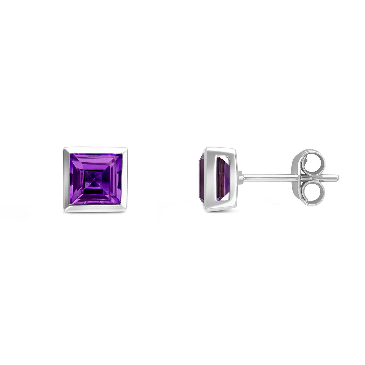 9ct White Gold Square Natural Amethyst Rubover Stud Earrings — 5mm