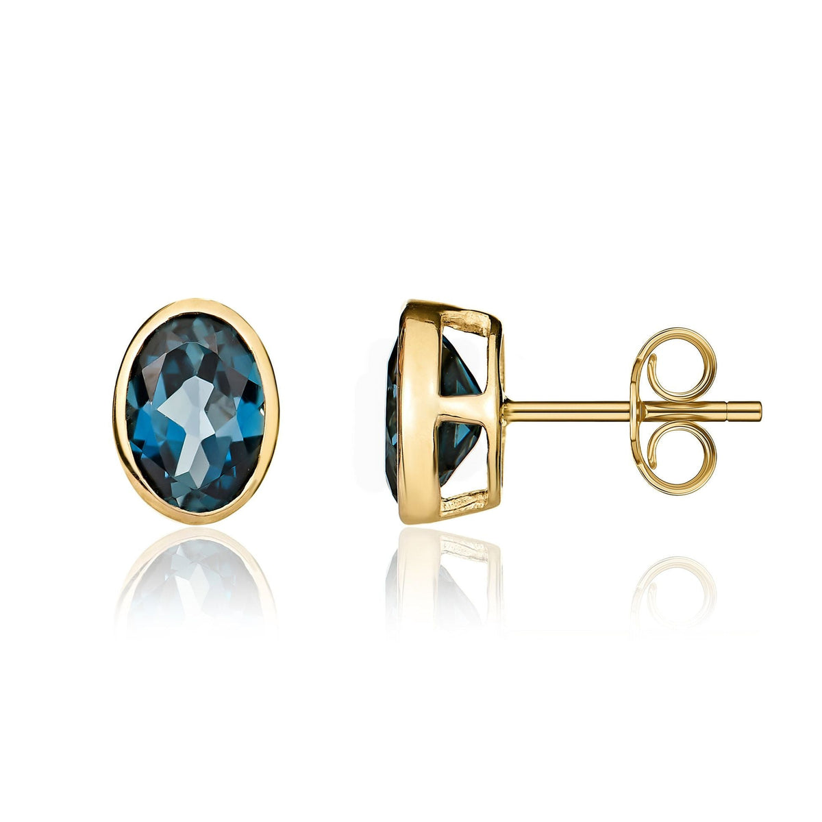 9ct Yellow Gold Oval Natural London Blue Topaz Rubover Stud Earrings — 7x5mm