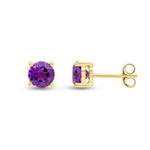 9ct Yellow Gold Round Natural Amethyst Claw Stud Earrings — 6mm