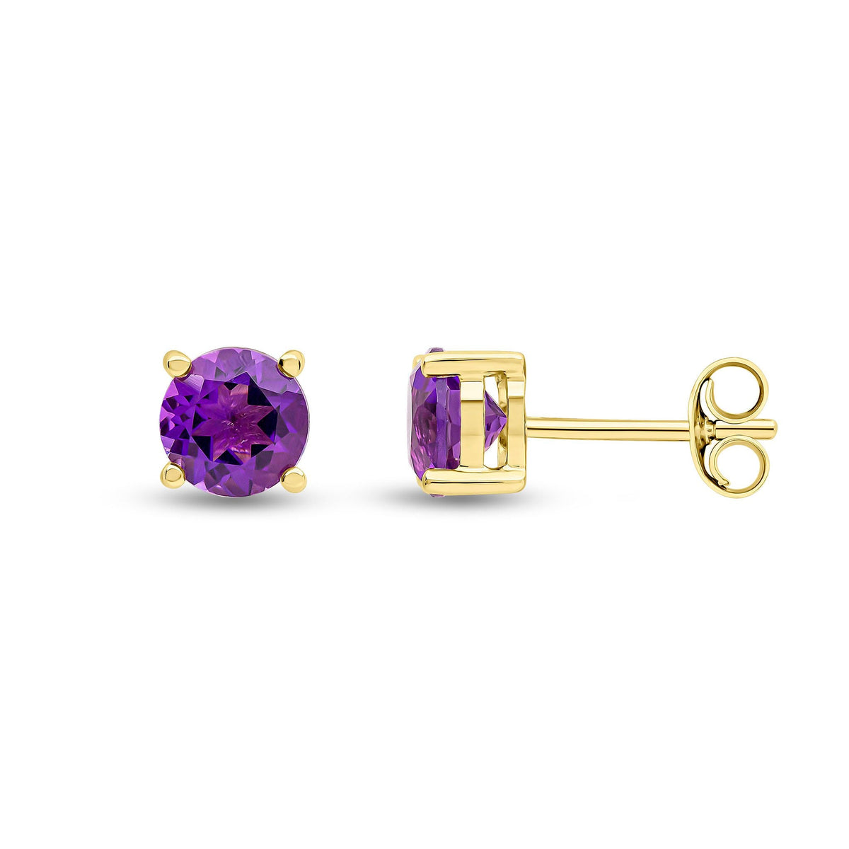 9ct Yellow Gold Round Natural Amethyst Claw Stud Earrings — 6mm