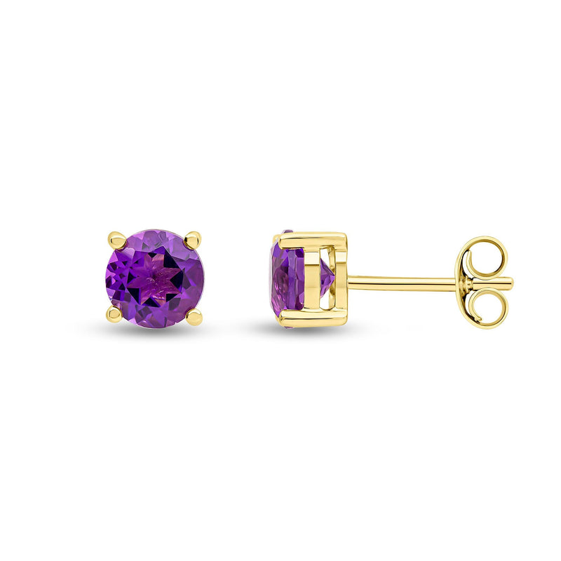 9ct Yellow Gold Round Natural Amethyst Claw Stud Earrings — 6mm