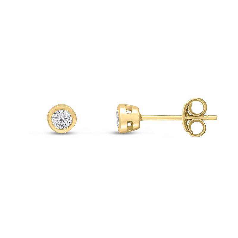9ct Yellow Gold Round Cubic Zirconia CZ Rubover Stud Earrings — 3mm