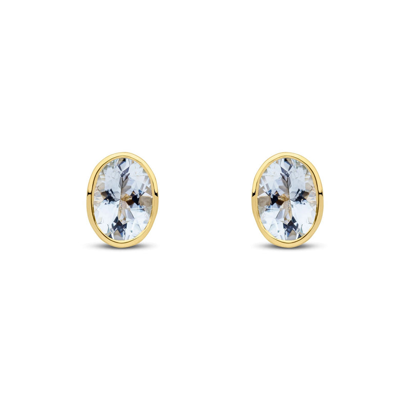 9ct Yellow Gold Oval Natural Aquamarine Rubover Stud Earrings — 7x5mm