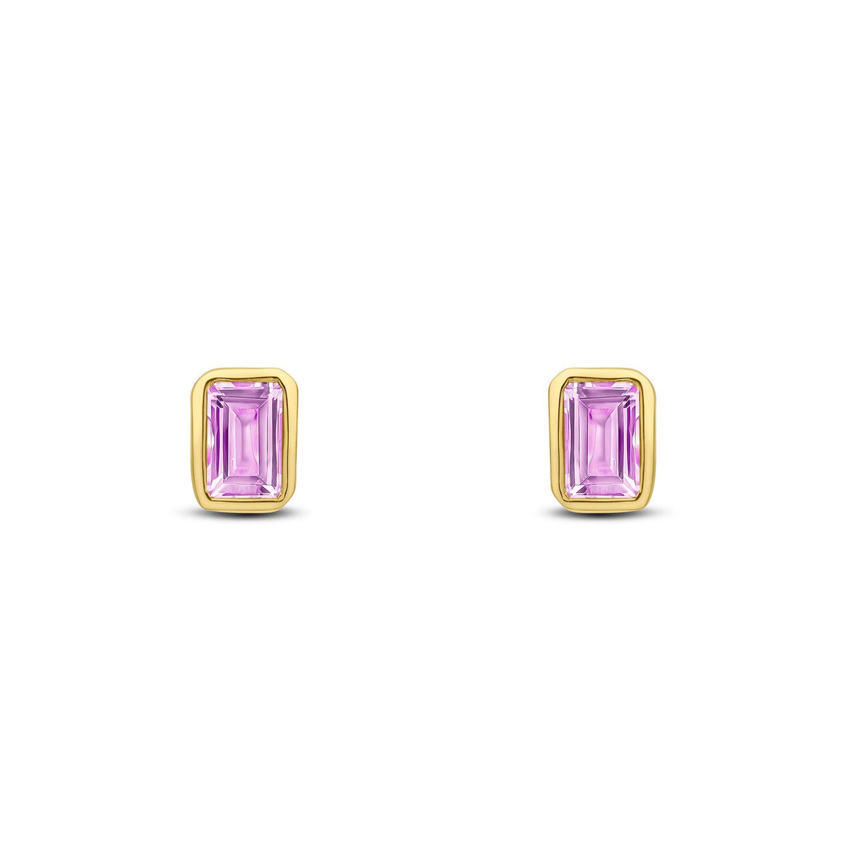 9ct Yellow Gold Octagonal Emerald Cut Natural Pink Sapphire Rubover Stud Earrings — 5x3mm
