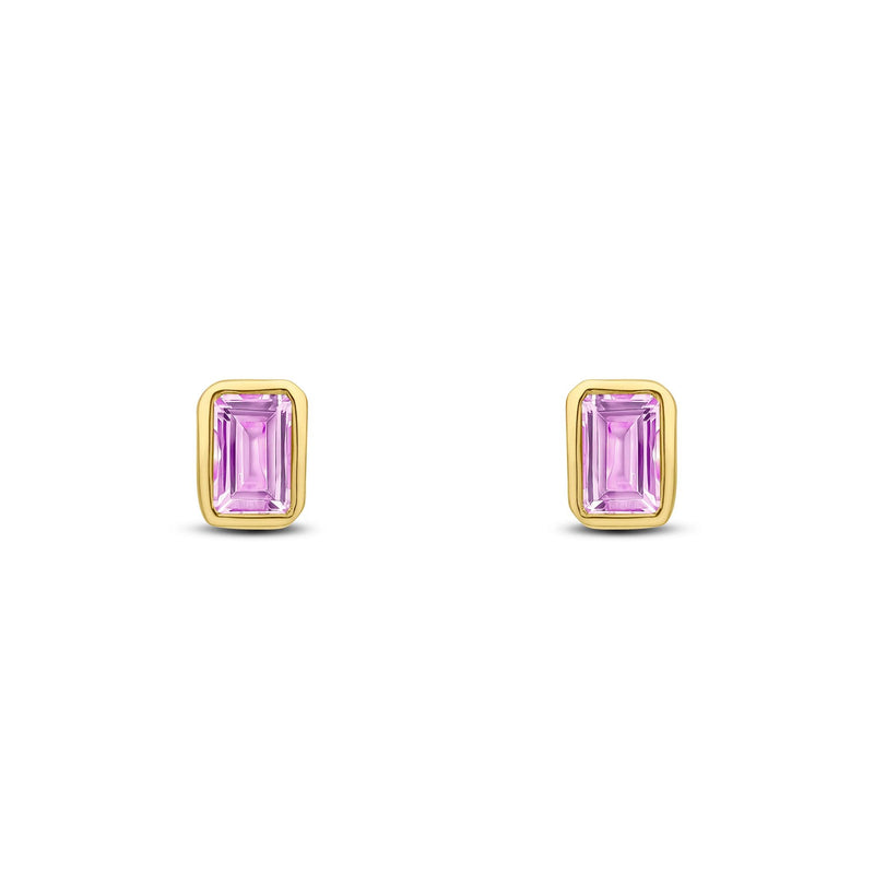 9ct Yellow Gold Octagonal Emerald Cut Natural Pink Sapphire Rubover Stud Earrings — 5x3mm