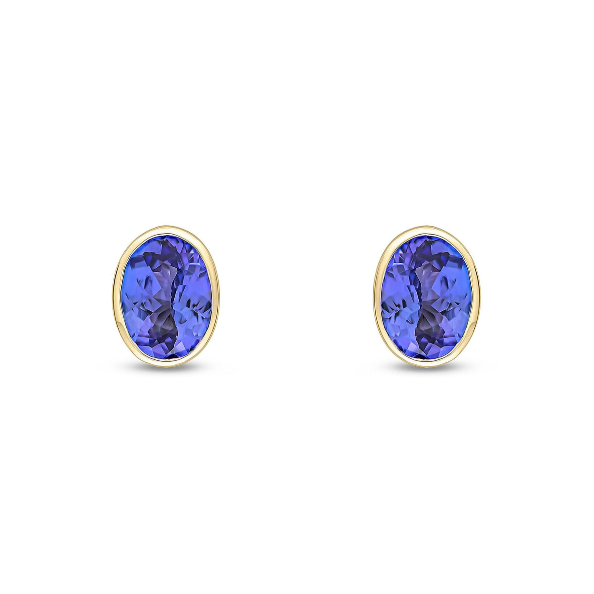 9ct Yellow Gold Oval Natural Tanzanite Rubover Stud Earrings — 7x5mm