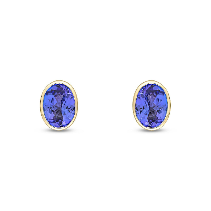 9ct Yellow Gold Oval Natural Tanzanite Rubover Stud Earrings — 7x5mm