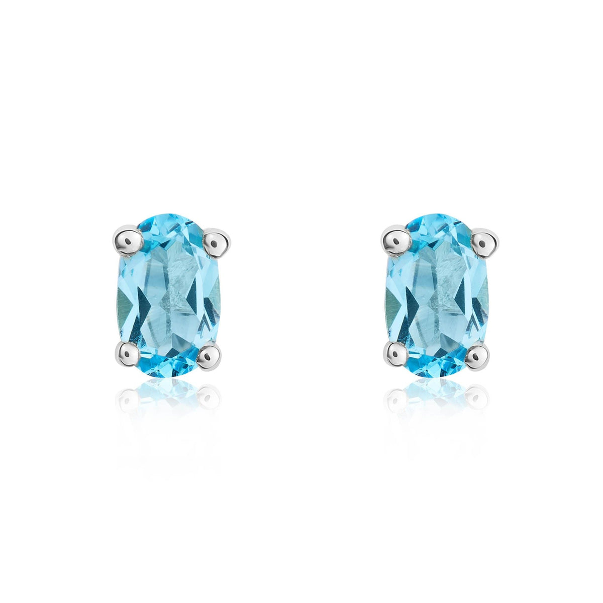 9ct White Gold Oval Natural Swiss Blue Topaz Claw Set Earrings — 6x4mm
