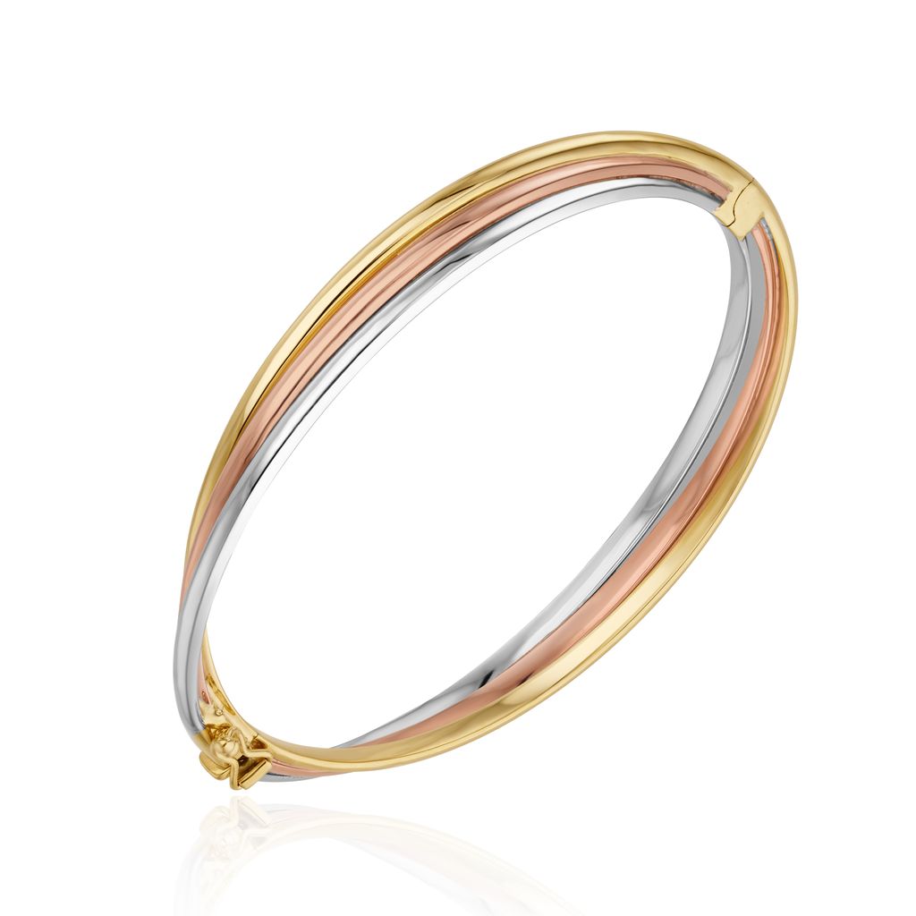 9ct Yellow, White and Rose Gold Russian Style Hinged Hollow Bangle