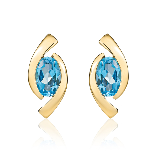 9ct Yellow Gold Oval Natural Swiss Blue Topaz 'Eye' Stud Earrings — 6x4mm