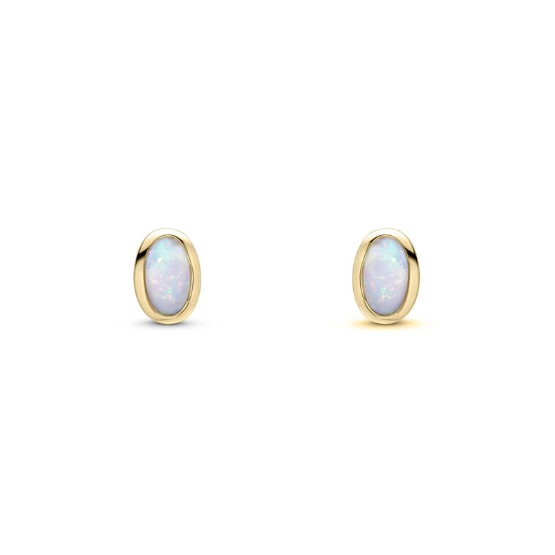 9ct Yellow Gold Oval Natural Opal Rubover Stud Earrings — 5x3mm