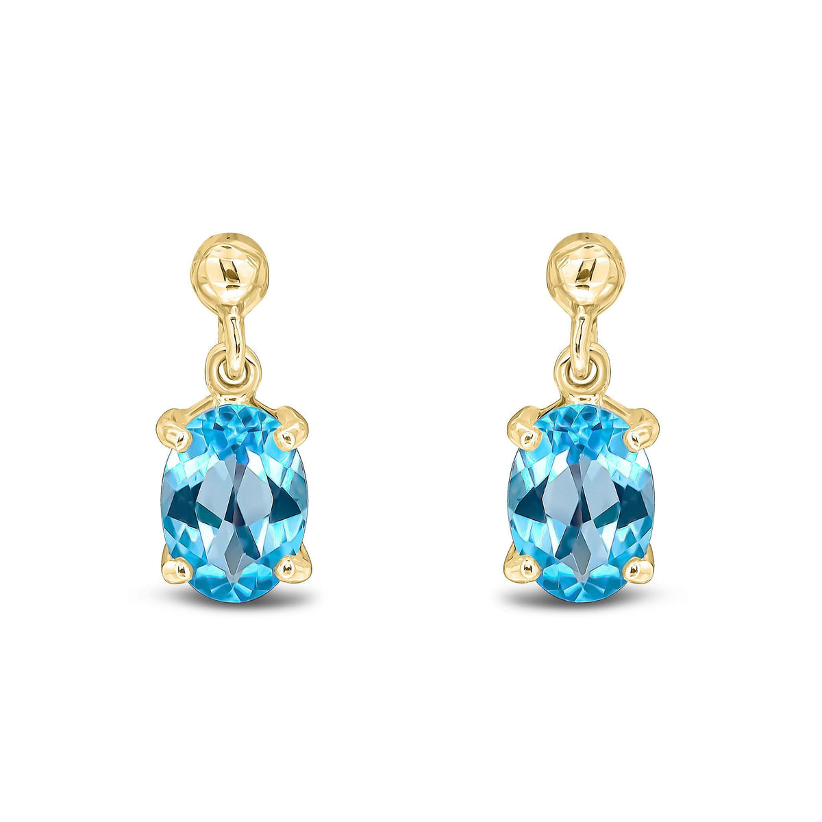 9ct Yellow Gold Oval Natural Swiss Blue Topaz Claw Drop Earrings — 7x5mm
