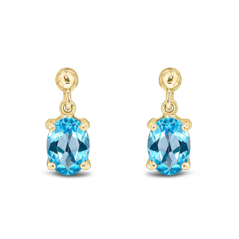 9ct Yellow Gold Oval Natural Swiss Blue Topaz Claw Drop Earrings — 7x5mm