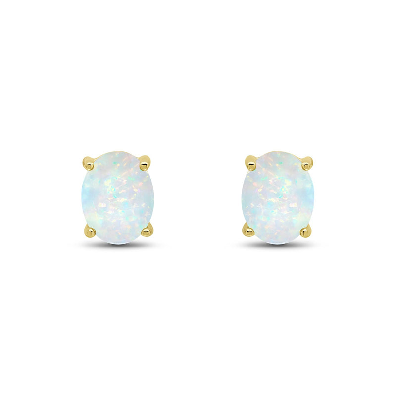 9ct Yellow Gold Oval Natural Opal Claw Stud Earrings — 9x7mm