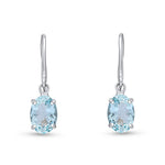 9ct White Gold Oval Natural Aquamarine Claw Hook Wire Drop Earrings — 7x5mm