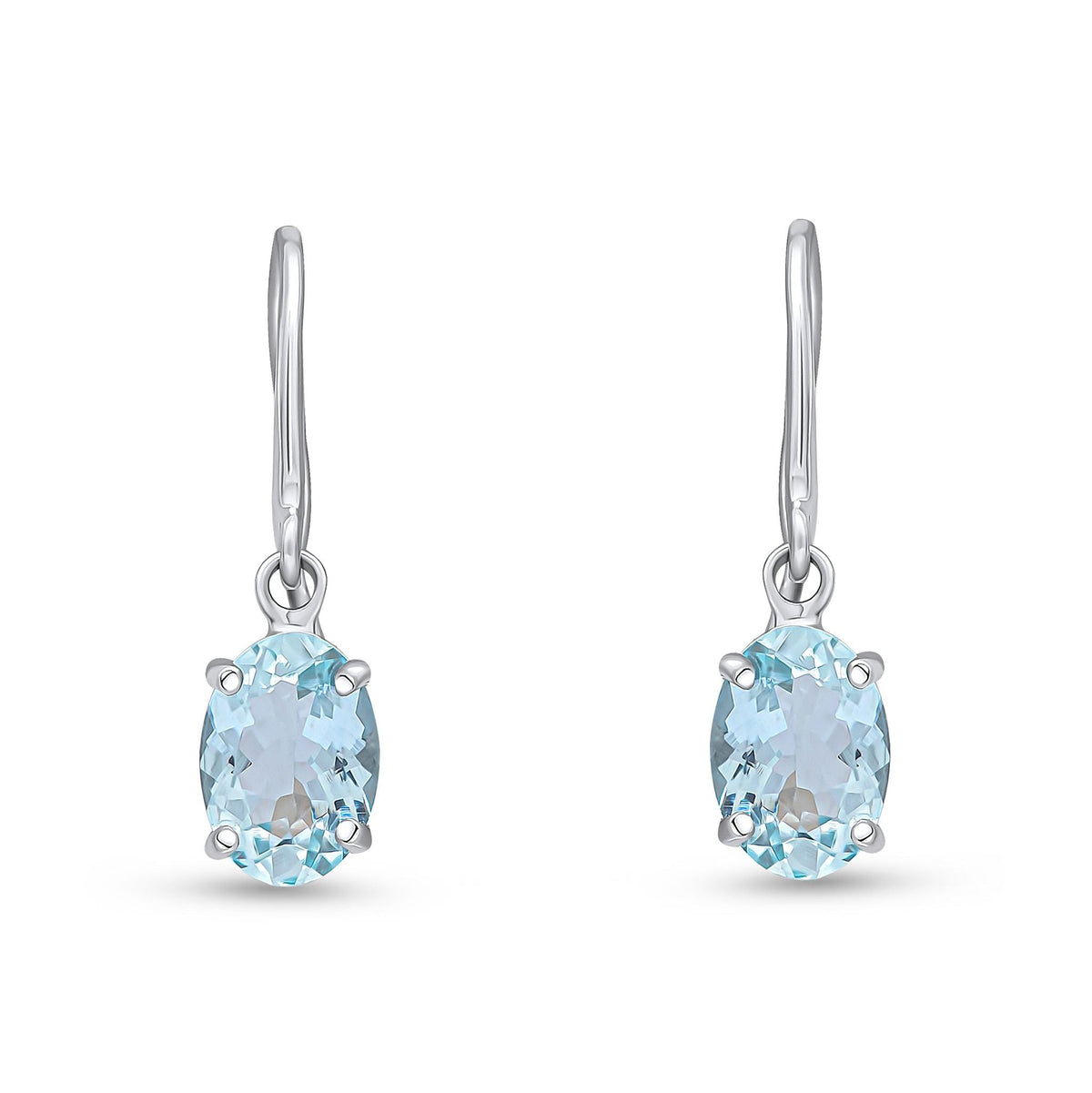9ct White Gold Oval Natural Aquamarine Claw Hook Wire Drop Earrings — 7x5mm