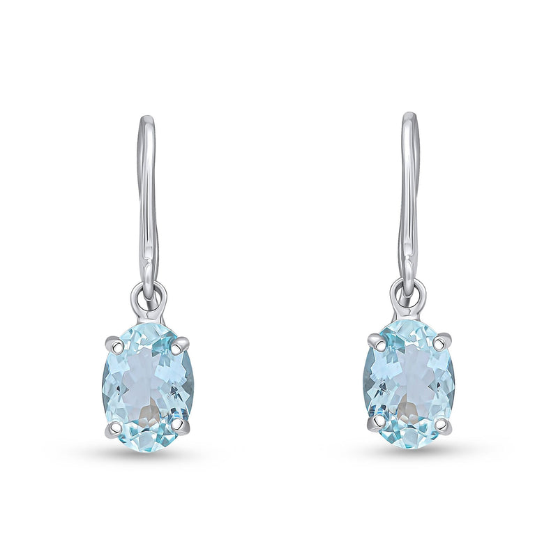9ct White Gold Oval Natural Aquamarine Claw Hook Wire Drop Earrings — 7x5mm