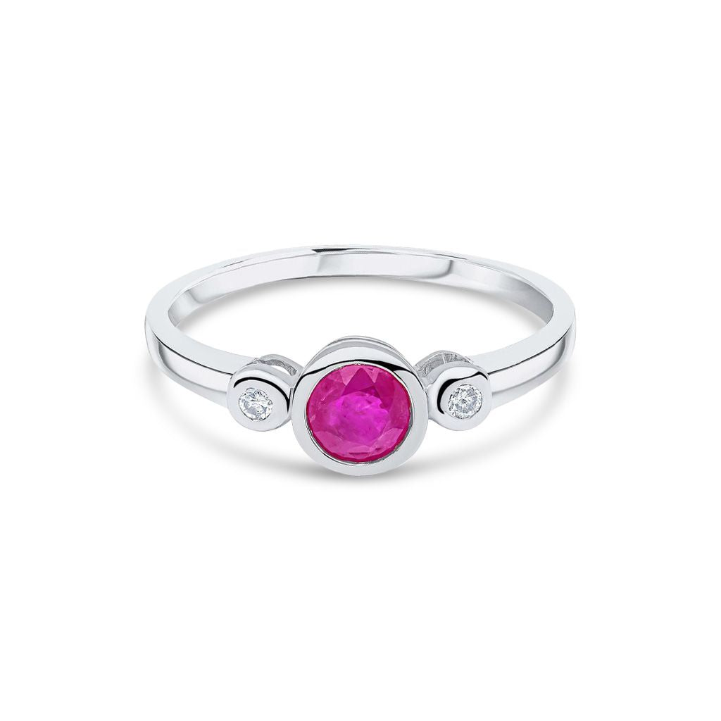 9ct White Gold Round Natural Ruby and Diamond Rubover Three Stone Ring — 5mm