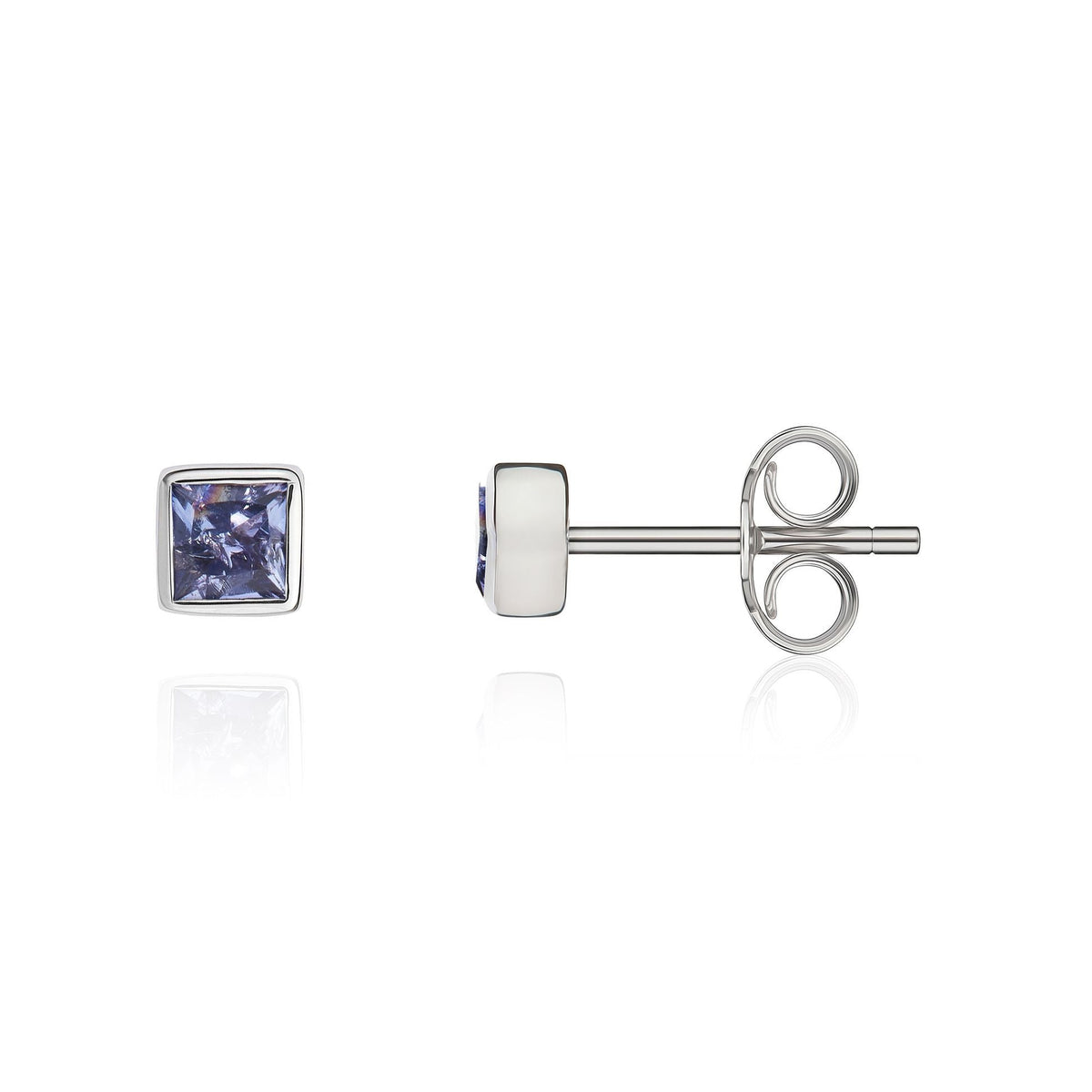 9ct White Gold Square Natural Tanzanite Rubover Stud Earrings — 3mm