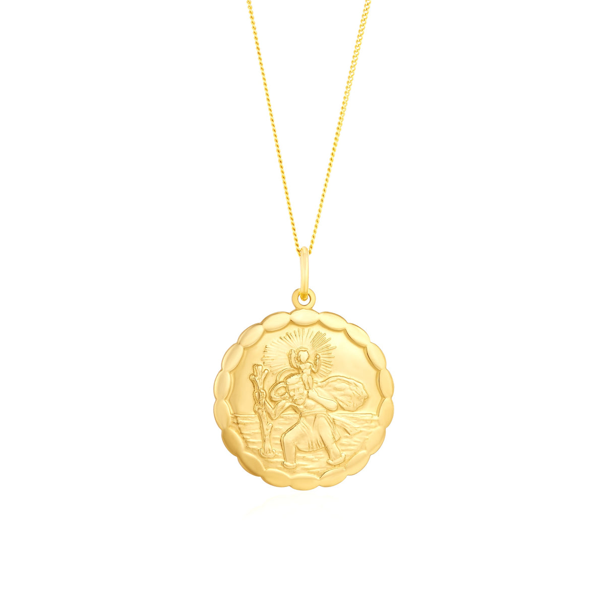 9ct Yellow Gold Scalloped Double-Sided St. Christopher Pendant — 24mm