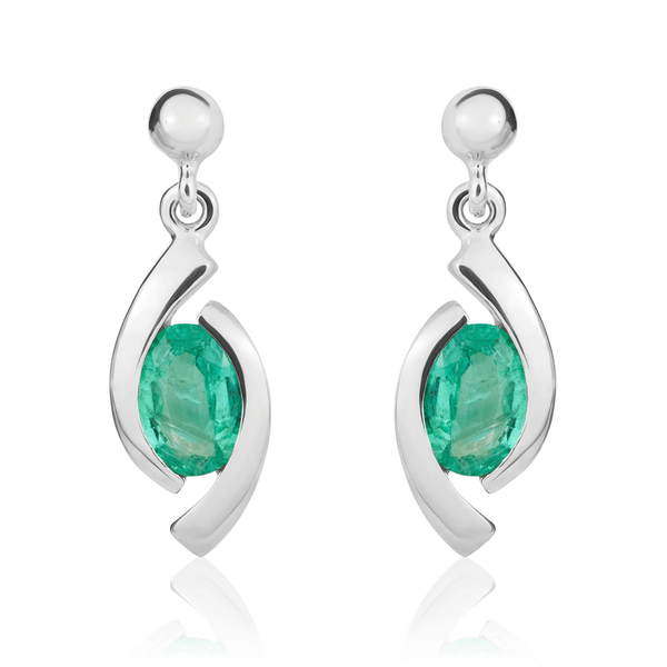 9ct White Gold Oval Natural Emerald 'Eye' Drop Earrings — 6x4mm
