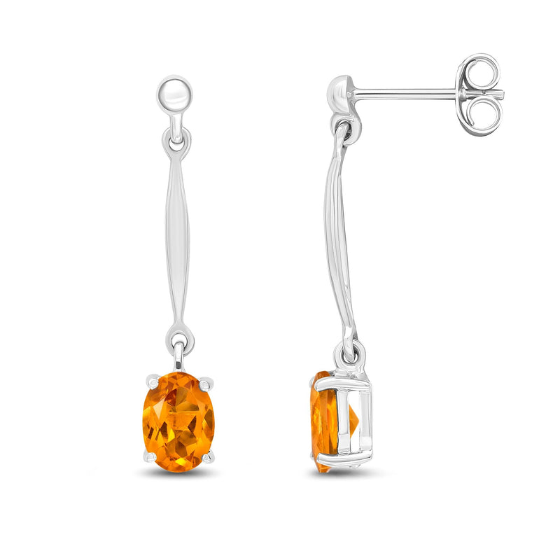 9ct White Gold Oval Natural Citrine Claw Bar Drop Earrings — 7x5mm