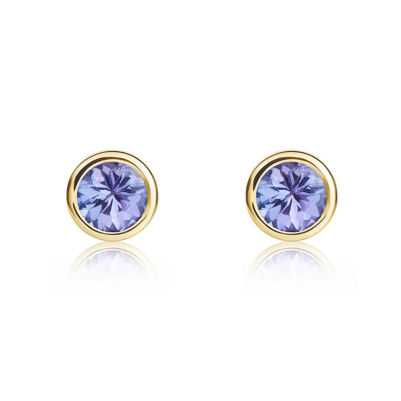 9ct Yellow Gold Round Natural Tanzanite Stud Earrings — 4mm