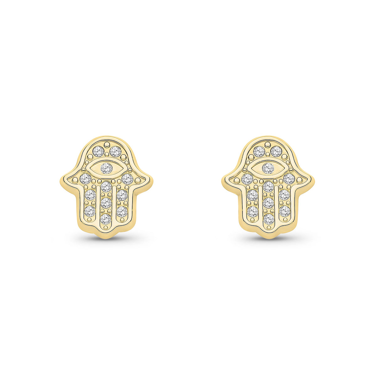 9ct Yellow Gold CZ Cubic Zirconia Hamsa Hand Stud Earrings