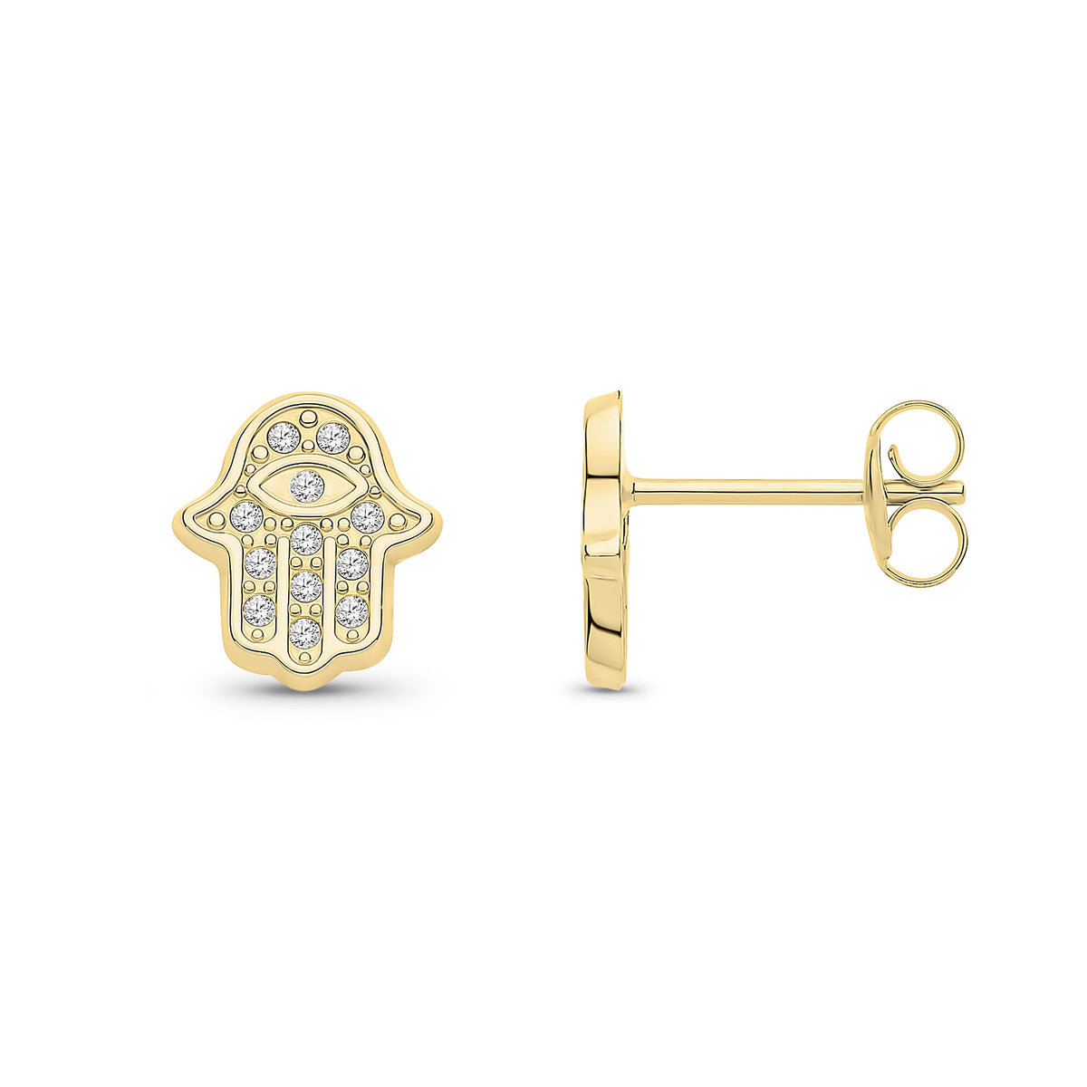 9ct Yellow Gold CZ Cubic Zirconia Hamsa Hand Stud Earrings