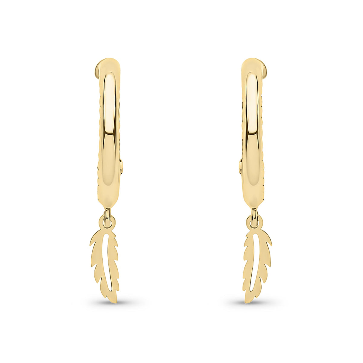 9ct Yellow Gold Diamond Cut Half Hoop Feather Drop Earrings