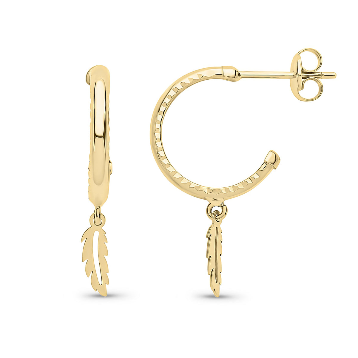 9ct Yellow Gold Diamond Cut Half Hoop Feather Drop Earrings