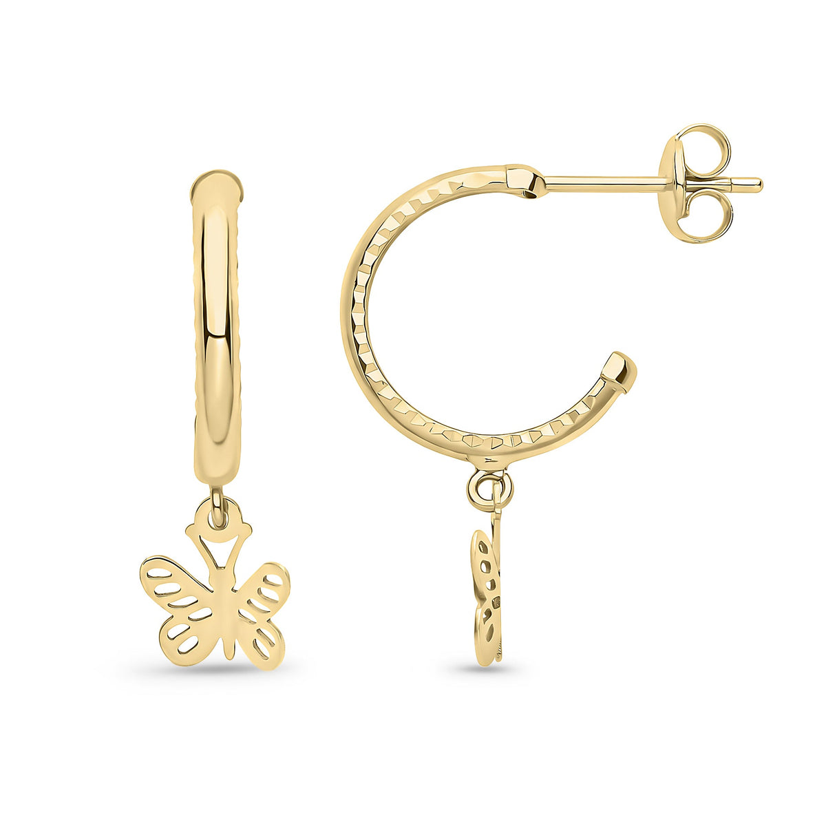 9ct Yellow Gold Diamond Cut Half Hoop Butterfly Drop Earrings