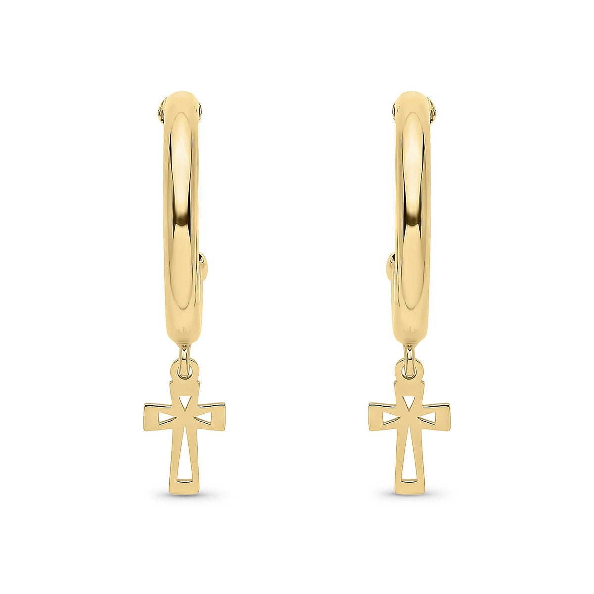 9ct Yellow Gold Diamond Cut Half Hoop Cross Drop Earrings
