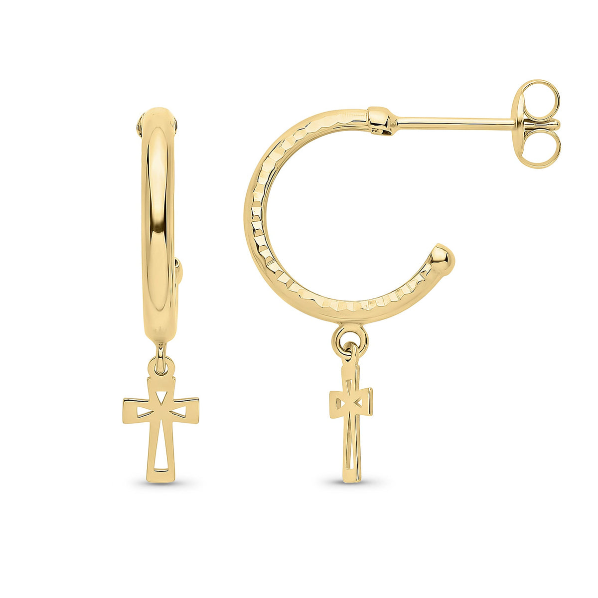 9ct Yellow Gold Diamond Cut Half Hoop Cross Drop Earrings