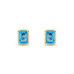 9ct Yellow Gold Octagonal Emerald Cut Natural Swiss Blue Topaz Rubover Stud Earrings — 7x5mm