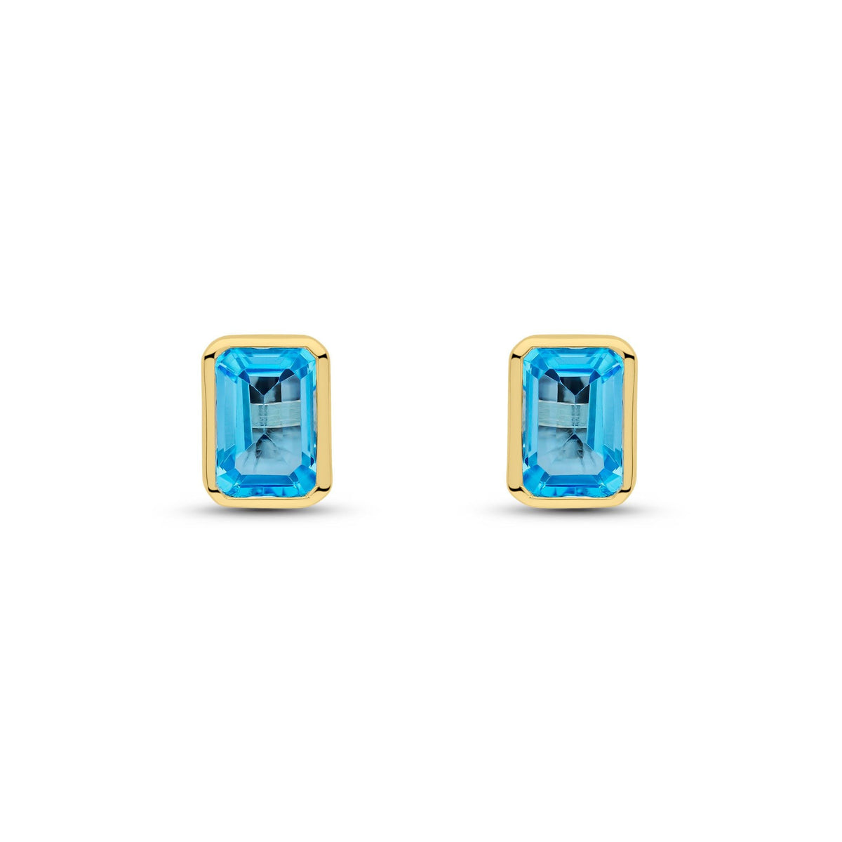 9ct Yellow Gold Octagonal Emerald Cut Natural Swiss Blue Topaz Rubover Stud Earrings — 7x5mm
