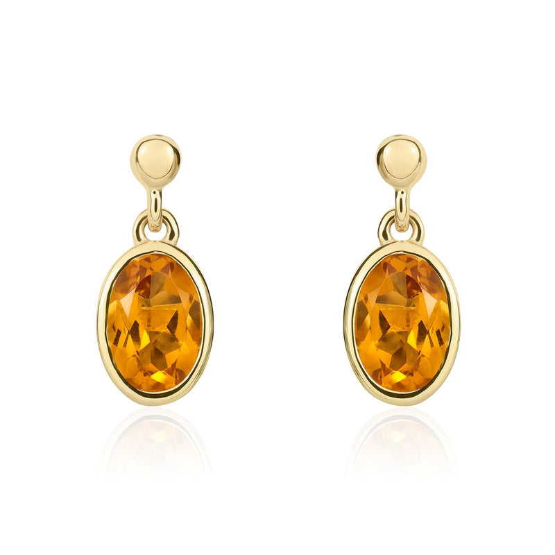 9ct Yellow Gold Oval Natural Citrine Rubover Drop Earrings — 6x4mm