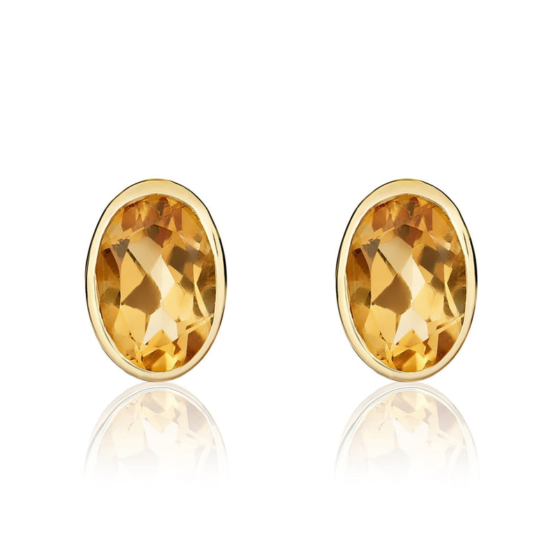 9ct Yellow Gold Oval Natural Citrine Rubover Stud Earrings — 7x5mm