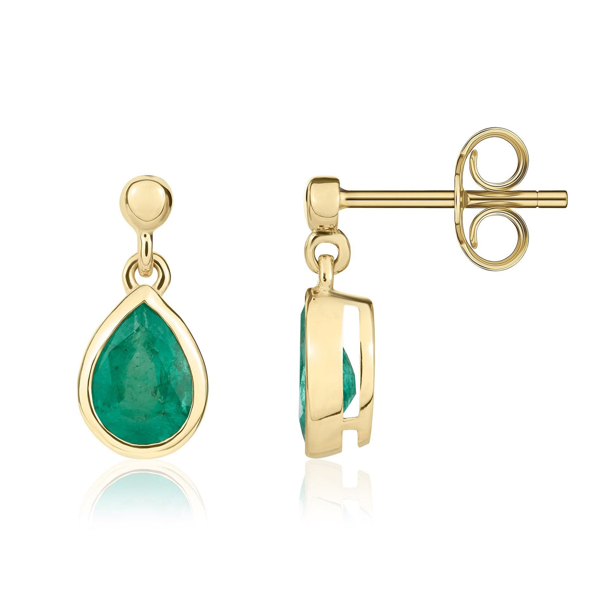 9ct Yellow Gold Pear Shaped Natural Emerald Rubover Drop Earrings — 7x5mm